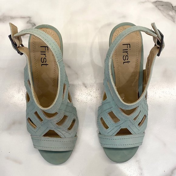 First sage green laser cut wedge sandals - Picture 5 of 10